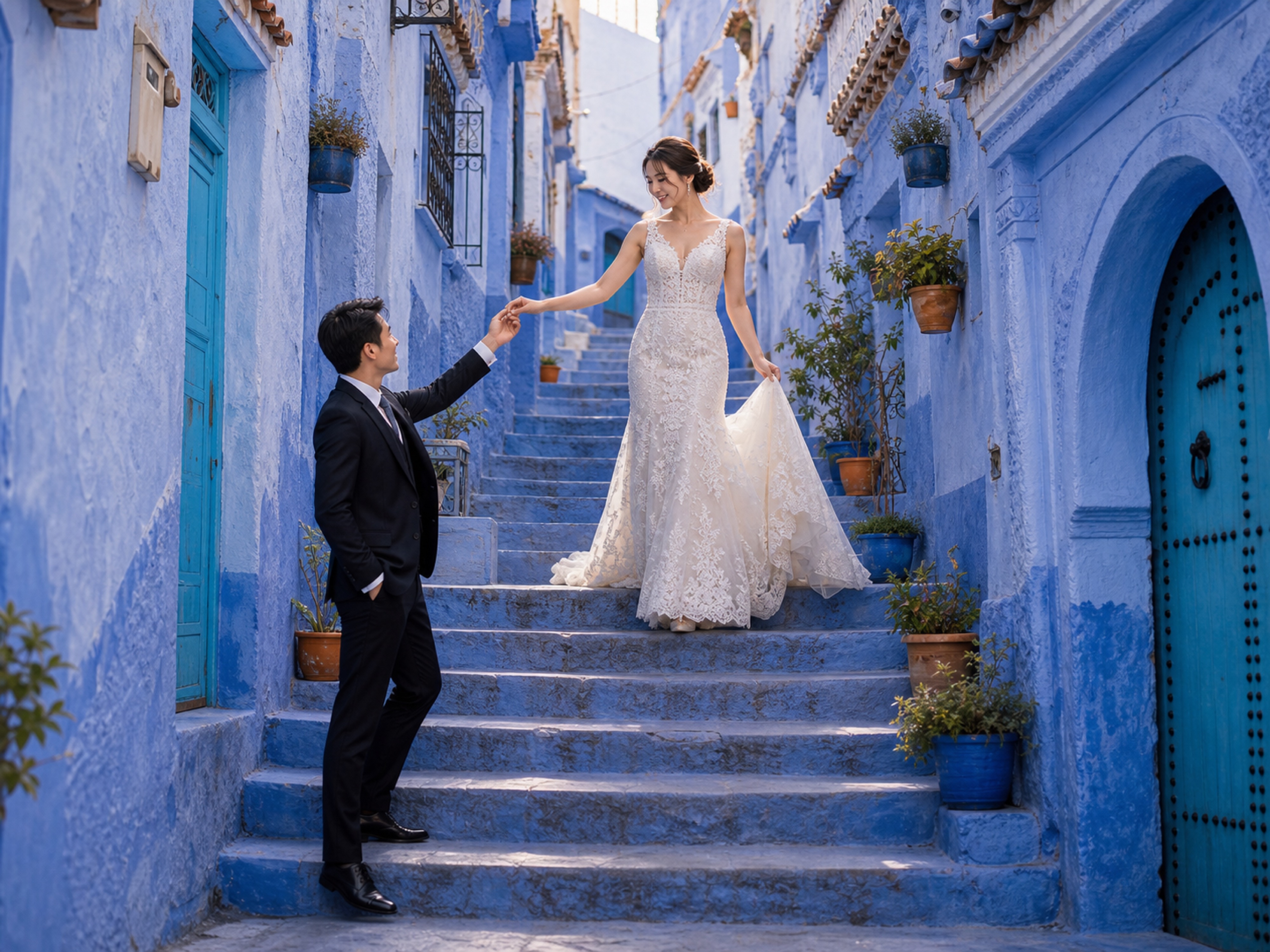 4K Morocco blue town AI wedding backdrop preview